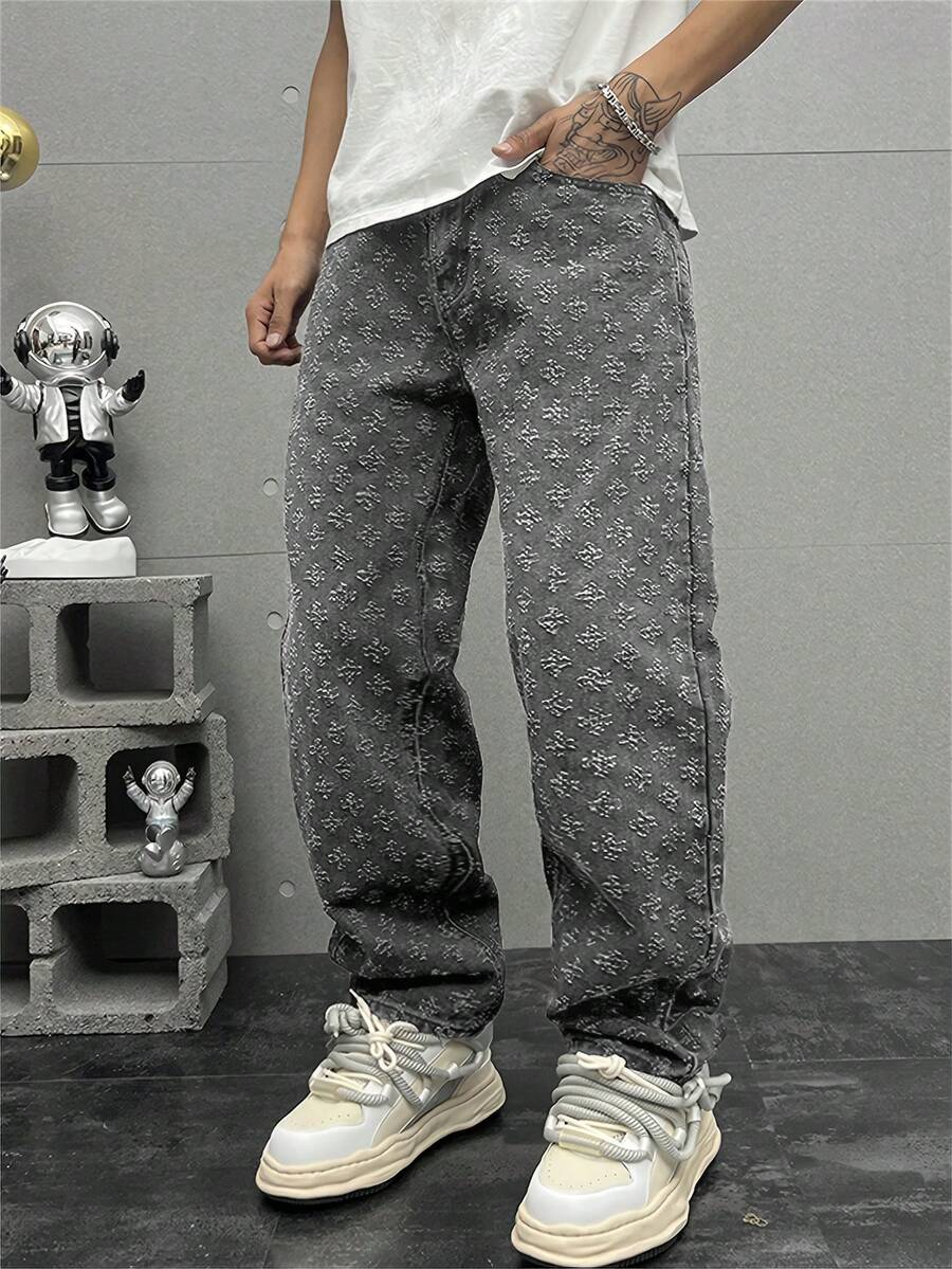 Plus Size Men's Personalized Crochet Denim Jeans - Grey - View 1