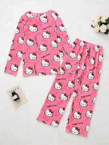 SANRIO 两件套可爱柔软毛绒睡衣，卡通印花加厚绒里长裤+上衣，白色/粉色/黑色/酒红色可选，保暖休闲家居服套装，适合春、秋、冬三季穿着，卡通动漫图案，时尚派对礼物，适合送给朋友、女朋友、情侣，也适合返校、感恩节、新年等节日礼物。 - 粉色 - 查看 8