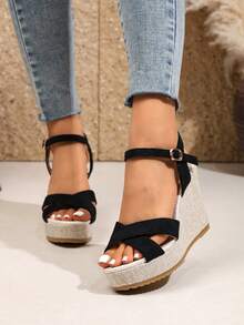 Giày sandal đế xuồng thời trang nữ, sandal quai chéo có khóa cài, dép đi ngoài trời thoải mái, sandal đế xuồng đế dày tối giản đa năng dành cho nữ. - màu đen - Xem 3