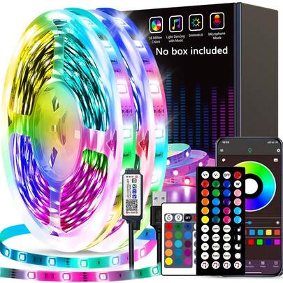1条LED灯带，1米-20米5050RGB变色LED灯，APP控制，音乐同步，遥控RGB闪烁、呼吸、渐变、平滑功能，USB供电，适用于房间装饰、家居装饰、室内照明、夜灯、电视背光、LED灯、卧室装饰、夜景灯等。