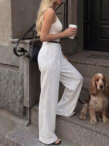 Pantalones rectos y anchos de pierna casual para mujer con bolsillos laterales, adecuados para el transporte urbano, blanco verano - Blanco - Ver 3