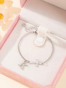 1 pieza Pulsera con inicial A-Z y dije de cruz, pulsera de letra de acero inoxidable ajustable, joyería unisex para adolescentes, regalo de amistad, uso diario - Multicolor - Ver 4