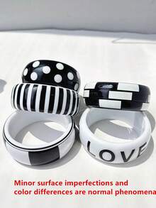 1pc Retro Casual Black & White Striped Polka Dot Geometric Wide Bracelet, Y2K Minimalist Millennium Style Jewelry, Fashionable Casual Women Accessory - Multicolor - View 3