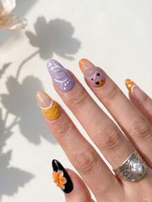 NAILS BASE 10件/組 粉色杏仁形長款法式漸層漸變甲油膠假指甲，附玫瑰紅花朵，杏仁形甲片，適合辦公場合的中性華麗風，日式手工 P - 彩色 - 查看 2