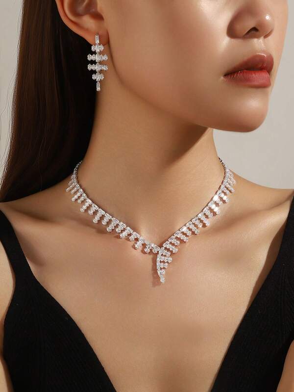 3pcs Dual-Tone Gold & Silver Jewelry Set, Includes Rhinestone Necklace And Earrings, Elegant And Charming, Suitable For Parties, Anniversaries, Birthdays, Weddings, And Other Occasions