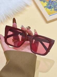1pc Glossy Oversized Cat Eye Fashion Glasses, Fashionable & Flattering For Round Faces, Versatile For Commute, Street Style, Travel - Burgundy - View 2