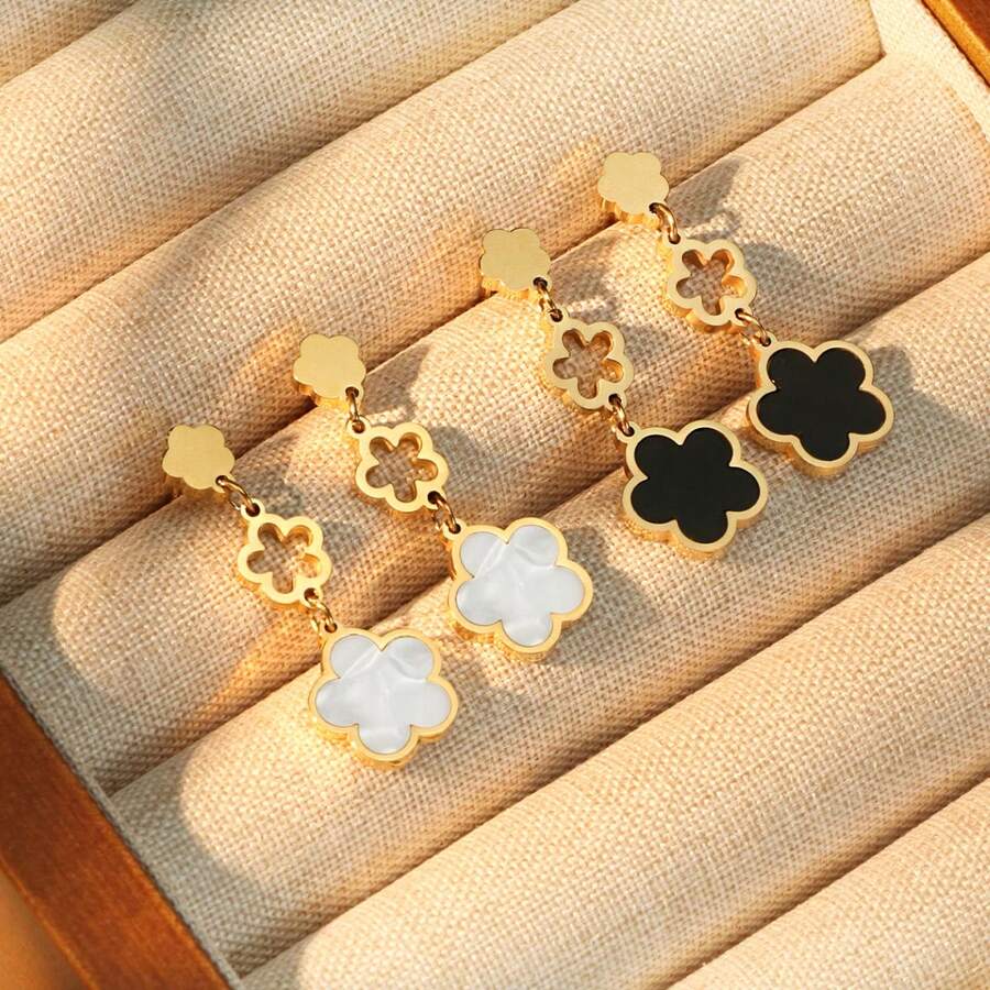 1 đôi/2 chiếc bông tai tua rua hình hoa năm cánh may mắn bằng thép không gỉ thời trang mới dành cho nữ, trang sức bông tai. - Cỏ ba lá năm cánh-1 - Xem 1