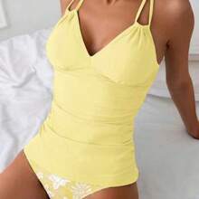 Swim Random Tropical Plant Print Tankini Set For Summer Beach Vacation - Amarillo claro - Ver 1