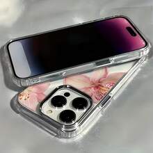 1pc Electroplated Metal Button Transparent Minimalist Personalized 4 Pink Orchid Pattern Phone Case, Suitable For IPhone 16 Pro Max, 17/16/15/14 Plus, 13/12/11, Air - Multicolor - View 4