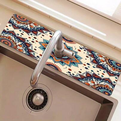 1pc Bohemian Pattern Printed Faucet Mat, Durable Polyester, Quick Drying, Easy To Clean, Suitable For Kitchen And Bathroom, Easy To Install, Daily Decor, Gift, Bathroom Mat, Durable Faucet Mat, Faucet Accessory