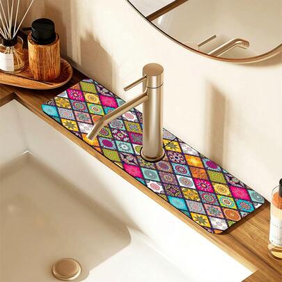 1pc Bohemian Pattern Printed Faucet Mat, Durable Polyester, Quick Drying, Easy To Clean, Suitable For Kitchen And Bathroom, Easy Installation, Daily Decor, Gift, Bathroom Mat, Durable Faucet Mat, Faucet Accessory