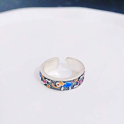 1pc Enamel Ring, Vintage Nature-Inspired Auspicious Symbol Design,