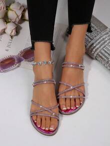 Sandal đế bệt mũi tròn, quai chéo, màu trơn, đính đá pha lê, kiểu dáng tối giản, nhẹ nhàng, thích hợp cho nữ mùa hè, phù hợp với váy, kiểu dáng cổ tích, có thể mang theo hai kiểu. - Màu Hồng Tươi - Xem 2