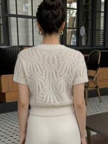 Cárdigan de punto calado para mujer, top de cuello redondo, chaqueta de manga corta con diseño de primavera/verano, primavera/otoño - Champán - Ver 2