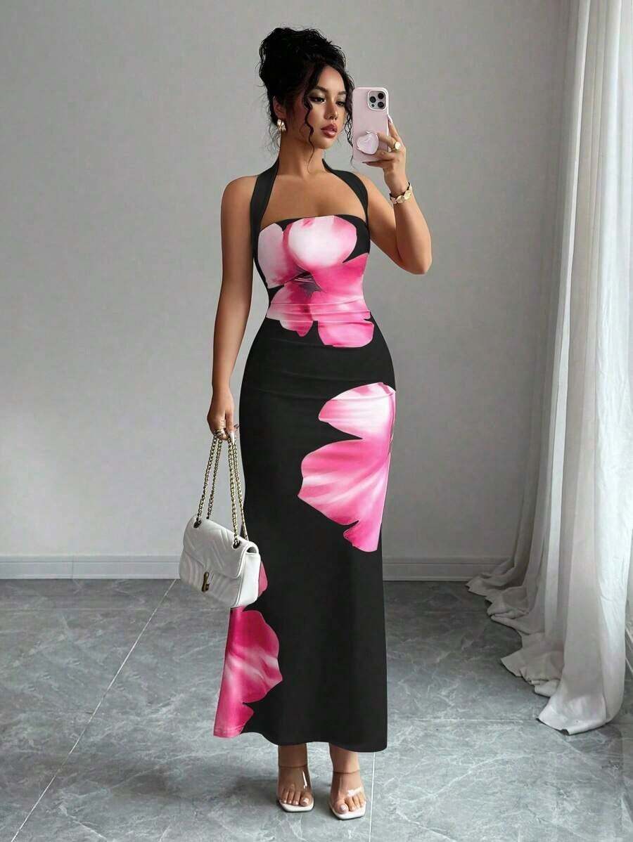 Vestido midi estampado de verano 2025 para mujer, con cuello halter y cintura ajustada. - Negro - Ver 1