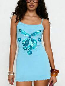 Women Slip Dress, Spaghetti Straps Backless Sequins Flower/Butterfly Slim Fit Summer Mini Dress for Club Party - Azul - Ver 3