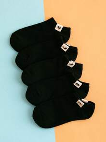 5 Pairs Women Black Fabric Tag Animal Pattern Ankle Socks - Black - View 6