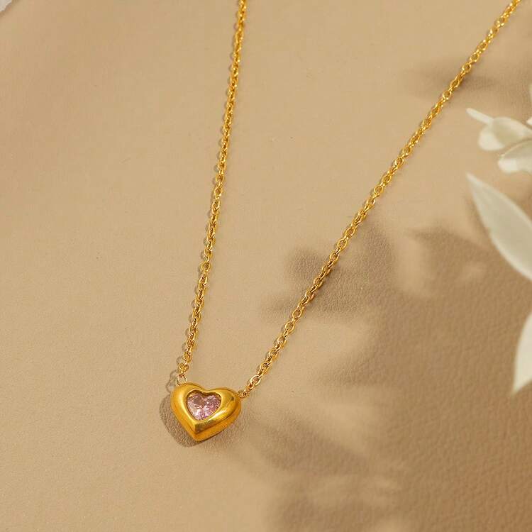 1 chiếc dây chuyền mặt hình trái tim bằng thép không gỉ đính đá Zirconia dành cho nữ, dây chuyền cổ điển tối giản, mặt dây chuyền hình trái tim bằng đá mã não đỏ, trang sức thanh lịch - Kim cương nhiều màu - Xem 13