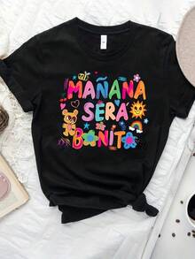Camiseta Gráfica con Eslogan Clásico, Casual, Negra, para Verano - Negro - Ver 6