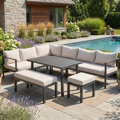 Garten-Essgruppe,Gartenmöbel-Set,9 Personen, Eckstellung, Verzinktes Stahlrohr, Tischplatte Kunststoff-Holz, Beinhaltet Esstische, Bänke, Stühle Und Sofas, Beige
