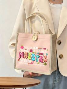 Multicolor Maestra Letter And Pencil Apple Pattern Print Tote Bag ,Reusable Tote - Multicolor - View 14
