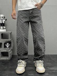 Plus Size Men's Personalized Crochet Denim Jeans - Grey - View 3