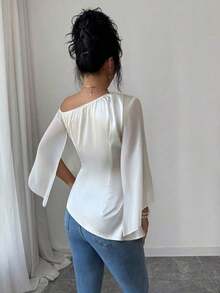Blusa elegante romántica de gasa blanca femenina, diseño de hombro descubierto asimétrico, manga larga acampana abierta fluida, cintura ajustable con cordón y bajo asimétrico de volantes.Tela ligera transpirable caída, ideal para vacaciones playeras, oficina y citas diarias. - Albaricoque - Ver 2