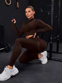 Conjunto Deportivo con Cremallera y Costuras Superiores con Orificios para Pulgar Sin Costuras - Marrón Oliva - Ver 4