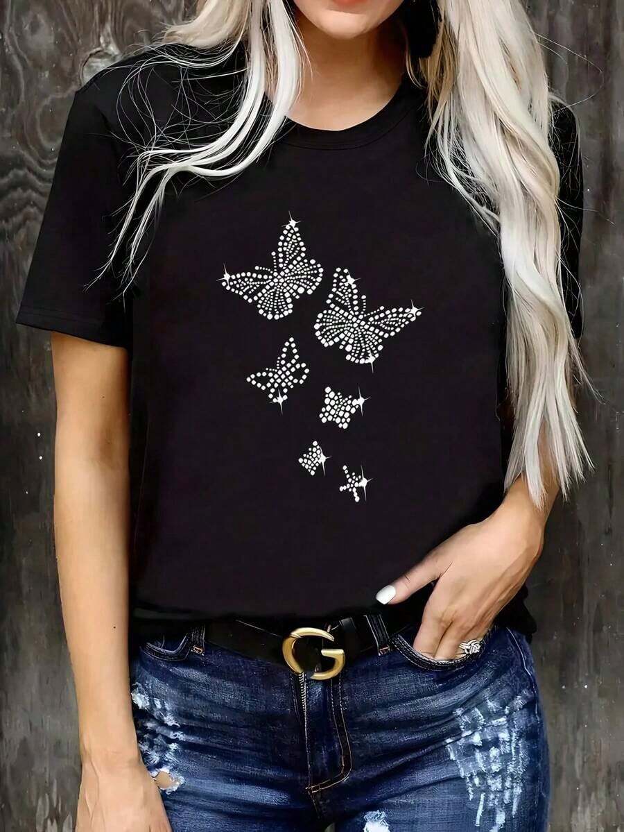 Unisex Size. Women's Plus Size Summer Cotton T-Shirt. 1PC Women's Casual Butterfly Graphic Round Neck Short Sleeve T-Shirt Knitted Fabric Regular Length Top Slight Stretch T-Shirts Sweat-Absorbent Material, Soft And Skin-Friendly. - 黑色 2 - 查看 1