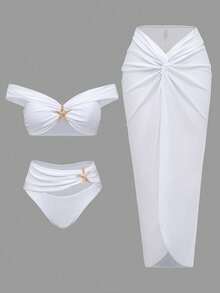 2026 New White Bikini Set For Women - Three Piece Swimsuit, Off Shoulder Bandeau Top, High Waisted Bottom, Sarong Cover Up; Starfish Detail, Summer Beach Swimwear - 白色 - 查看 4