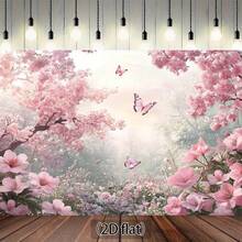 Tranh dán tường 2D phẳng chủ đề hoa anh đào với hoa màu hồng, bướm và cây cối - 25 - Xem 3