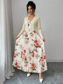 Vestido con estampado floral elegante y plisado en la cintura con conjunto de cárdigan de punto, adecuado para citas, San Valentín, vacaciones casuales de primavera - Multicolor - Ver 2