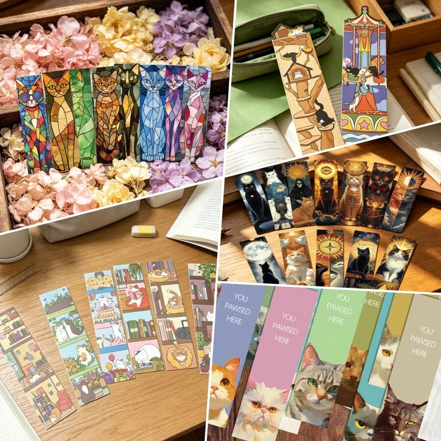 Bộ 5 mẫu đánh dấu trang hình mèo, mỗi bộ 30 chiếc, kiểu dáng thủy tinh, chất liệu giấy, thiết kế một mặt, có kẹp đánh dấu trang, họa tiết mèo dễ thương và nghệ thuật, rất phù hợp để đọc sách, đi học, làm văn phòng, làm sổ lưu niệm và làm quà tặng cho câu lạc bộ sách. - Đánh dấu trang - Xem 1