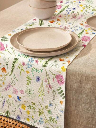 迷人的亚麻野花桌旗 - 春季花卉设计，适合餐厅和厨房装饰