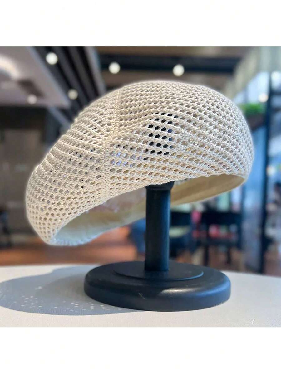 1顶女士休闲编织帽，透气镂空南瓜帽，女士圆顶贝雷帽，时尚复古艺术家帽，柔软八角帽，女士针织帽，春夏款 - 多色 - 查看 1