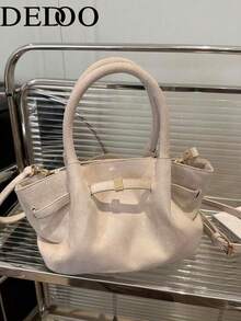 Dedoo 欧美时尚设计搭扣麂皮水桶包，女士秋冬购物、通勤、派对礼品手提包 - 米色 - 查看 5