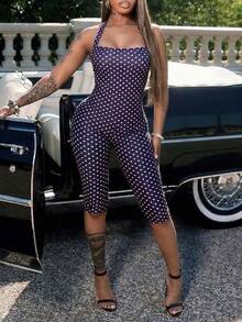 Women's Sleeveless Camisole Style Polka Dot Knit Sleeveless Romper Summer - Purple - View 10