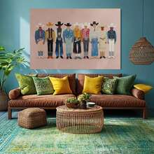 Enmarcado [2D Plano] Un  en lienzo  de varios tamaños con arte mural de mezclilla, estampados de moda western, decoración para sala de estar, rodeo de mezclilla rosa, arte para dormitorio, decoración western y arte ranchero. - Enmarcado - Ver 3