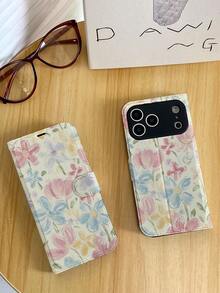 1pc Fashion Floral Watercolor Pattern Full Coverage Classic Anti-Drop High-Quality Silk Texture PU Leather Flip Wallet Phone Case With Card Slots, Foldable Design, Suitable For IPhone17/IPhone17 Air/IPhone17pro/IPhone17pro Max/IPhone16/IPhone16 Plus/IPhone16pro/IPhone16pro Max/IPhone15/IPhone15 Plus/IPhone15pro/13/14/12/11, Great Gift For Friends, Family, Couples, Birthday, Holidays - Multicolor - View 2