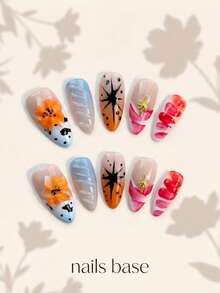 NAILS BASE 10件/組 粉色杏仁形長款法式漸層漸變美甲凝膠假指甲，附玫瑰紅花朵，杏仁形甲片，適合辦公場合的中性華麗風，日式手工製 - 彩色 - 查看 3