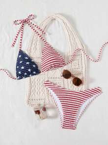 Swim Mod 2pcs/Set Women's Beach Summer Vacation USA Flag Print Halter Backless Top And Side Strap Swim Bottom 4th Of July Bikini Set - Nhiều màu 2 - Xem 2