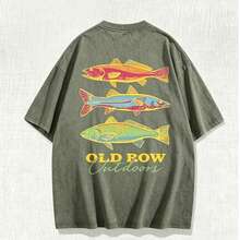 Men's Casual Summer Washed Cotton T-Shirt Old Row Outdoor Fish Print, Round Neck Short Sleeve Lightweight Knitted Fabric, Rib Details 100% Cotton - 軍綠色 - 查看 2