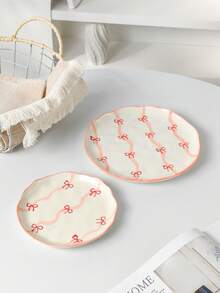 Korean Ins Style Hand-Painted Ribbon Bow Ceramic Plate, 6 Inch, 8 Inch Dessert Plate, Cake Plate, Fruit & Snack Plate, Tea Plate, Appetizer Plate, Nut Plate, Suitable For Home, Restaurant, Cafe, Bakery, Microwave - Multicolor - View 3