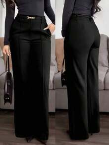 rectos de tela de traje con bolsillo con cremallera de unicolor  cintura, elegantes para la oficina, casuales y versátiles, para primavera/veranossfin, - Negro - Ver 7