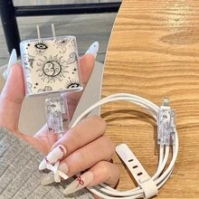 Set de 5 en 1: Funda de teléfono con diseño de pluma, concha y planeta + Cubierta del cargador + Protector de cable + Organizador de cable, Funda protectora a prueba de golpes de TPU para iPhone 6/7/8/X/XS/XR/11/12/13/14/15/16 Pro Max, adecuado como regalo de cumpleaños o Navidad para parejas, novias, hijas, adolescentes - Multicolor - Ver 3