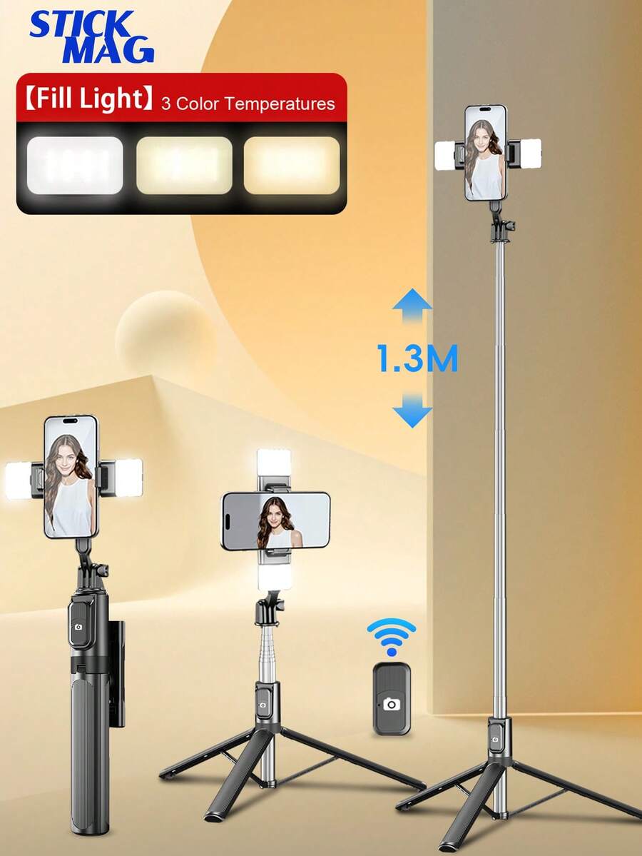 STICKMAG 130cm 無線藍牙自拍棒三腳架，附3段可調LED美顏補光燈，360°旋轉不鏽鋼防震，適用於智慧型手機