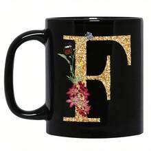 1pc Gold Letter & Floral Print Ceramic Coffee Mug, Beautiful & Practical Gift For Women, Girls, Office, Home Use - Black - View 16
