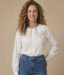 Women's Shirt With Ruff Collar/ Embroidered Detail/ Front Buttons/ Long Sleeves/ Classic Fashion S2192 2 In 1 Office - 白色 - 查看 1