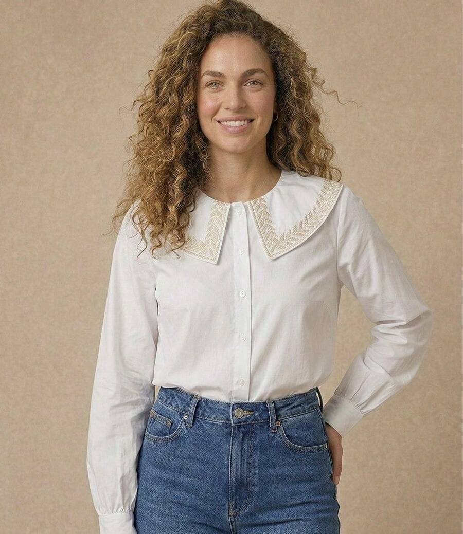 Women's Shirt With Ruff Collar/ Embroidered Detail/ Front Buttons/ Long Sleeves/ Classic Fashion S2192 2 In 1 Office - 白色 - 查看 1
