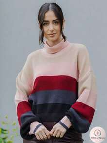 Women's Striped Knit Turtleneck Blouse, Elegant Ribbed Knit, Winter Fashion - 棕色/米色/綠色/沙色 - 查看 6